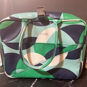 Corkcicle Baldwin Boxer insulated lunchbox with a geometric green and navy